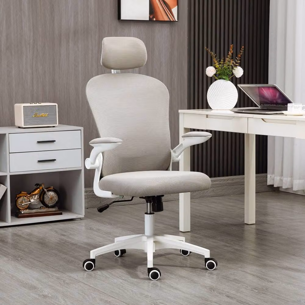 ERGOVEXA Ergonomic Multi-Adjustable Office Chair in Grey Fabric with Headrest and Swivel Function – 3