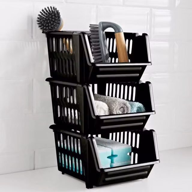 Whitefurze 3 Tier Small Stackable Slatted Storage Baskets in Black