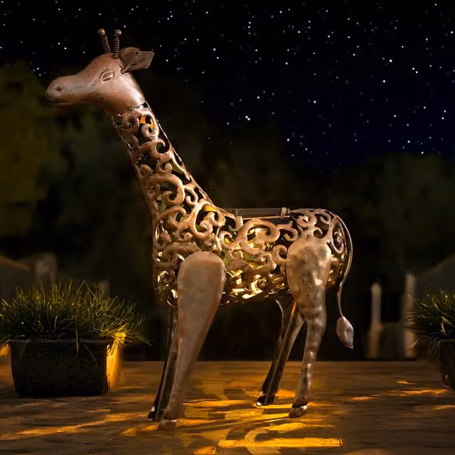 Garden Mile Solar LED Giraffe Silhouette Garden Ornament in Brown and White Metal