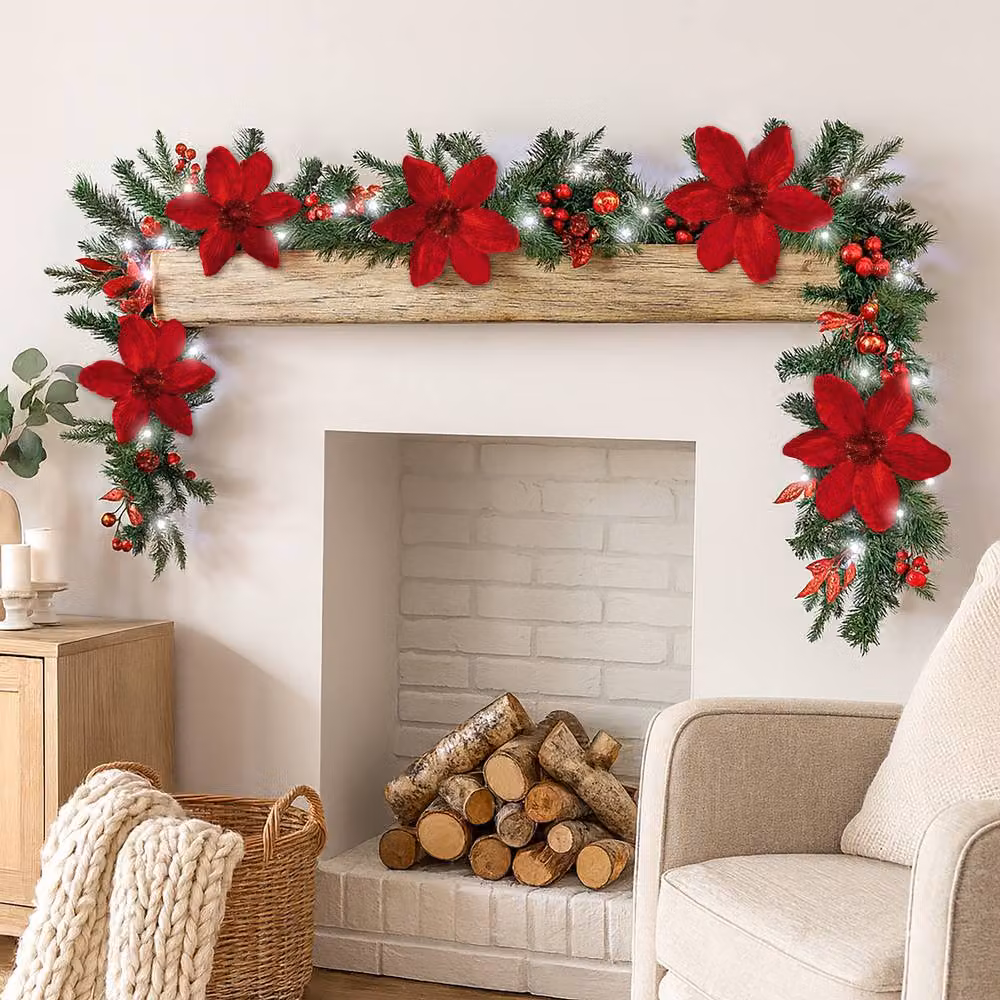 Marco Paul Pre-Lit Christmas Garland with Red Magnolia and Greenery, W: 270 cm, D: 35 cm – 6