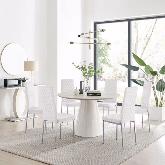 FurnitureboxUK Palma Beige Stone Effect Round Dining Table and 6 Milan Chrome Leg Chairs in White