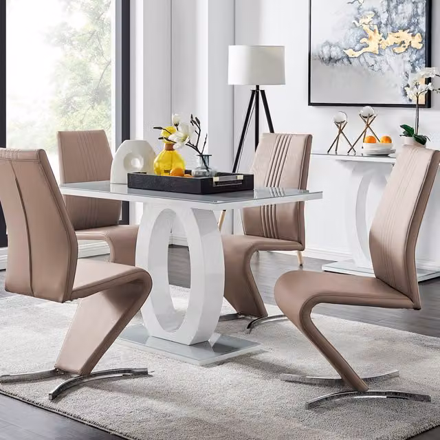 FurnitureboxUK Giovani Modern High Gloss Glass Rectangular Dining Table and Four Willow Chairs Set in Grey, White and Beige, W/D/H: 120 x 70 x 70 cm – 1