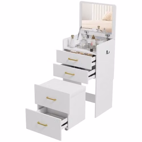 HOMCOM Two-Piece Modern Dressing Table with Flip Top Mirror and Rolling Stool in White, W/D/H: 90 x 40 x 48 cm