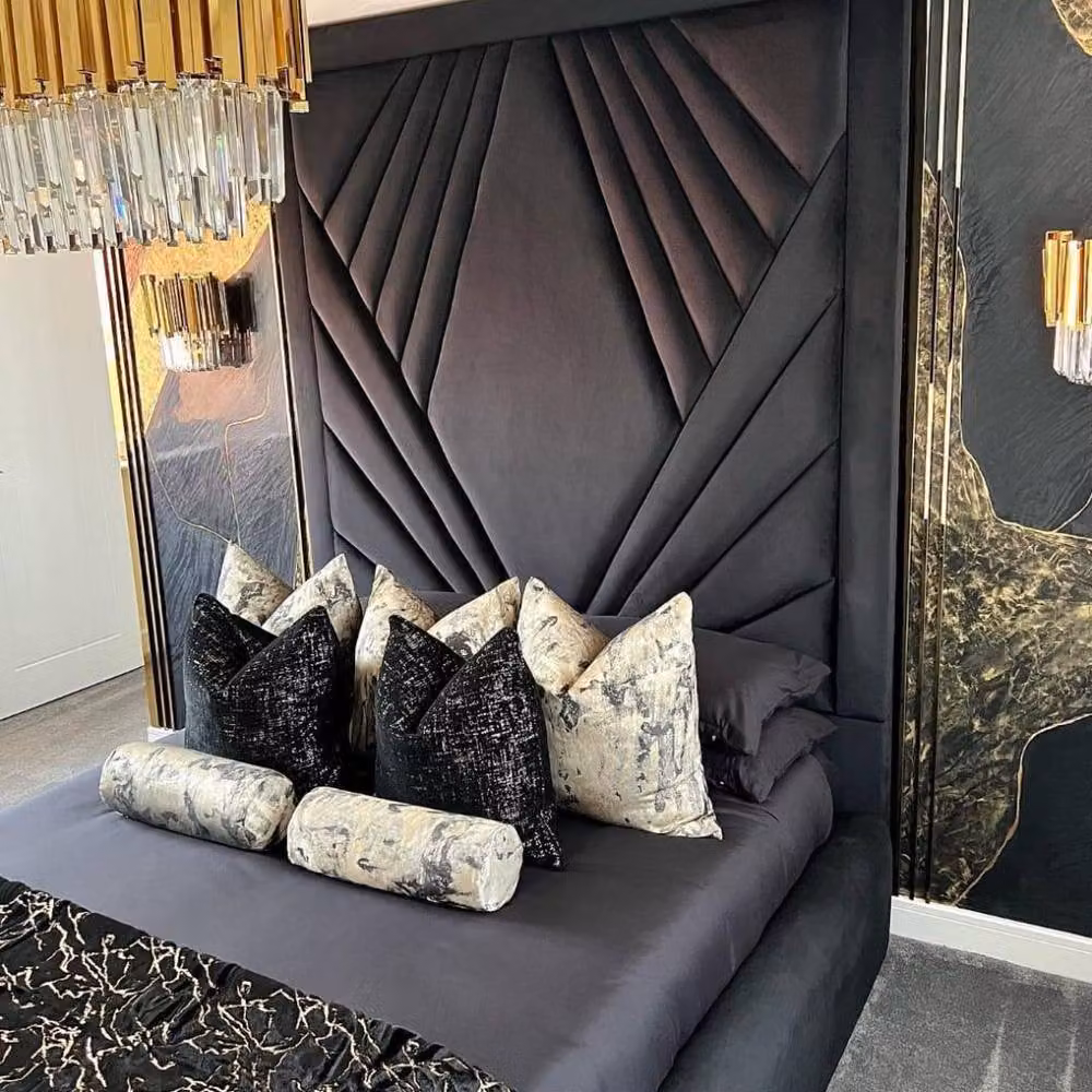 Stratus Interiors Coco Geometric Velvet Upholstered King Size Bed with Black Metal Gas Lift Base – 3
