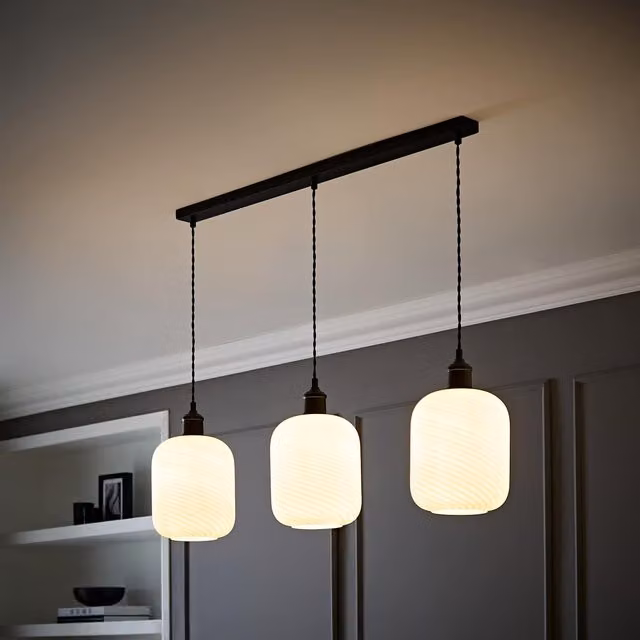 ValueLights Emery 3 Drop Bar Ceiling Light with Transparent Glass Swirl Shades in Black and Gold/Brass