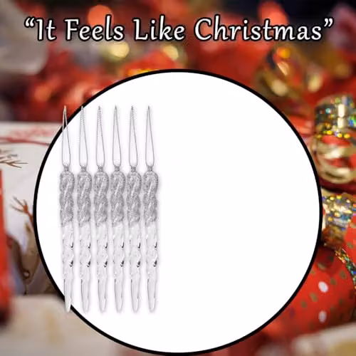 VFM e-Store Silver Glitter Snowflake and Icicle Christmas Tree Hanging Ornaments, Pack of 6, 12 cm – 7