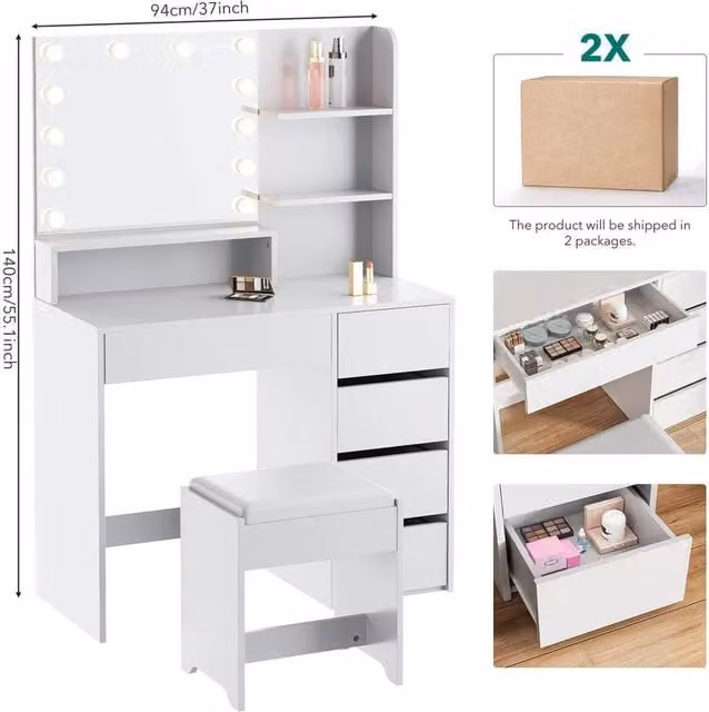 SPETLEK Modern White Dressing Table Vanity Makeup Desk Set with Hollywood LED Bulbs, W/D/H: 140 x 94 x 60 cm