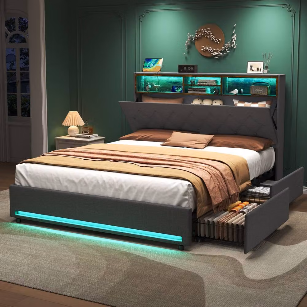 Rolipo Grey Fabric Double Bed Frame with 4 Storage Drawers, LED Lights and USB Ports, 140 x 200 cm – 3