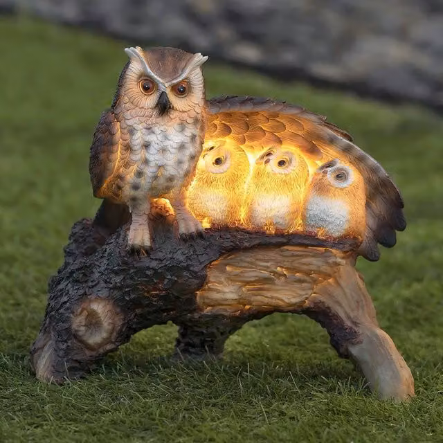 Globrite Solar Owl Family Resin Statue with LED Light, Brown and Multicolour Outdoor Garden Ornament – 1