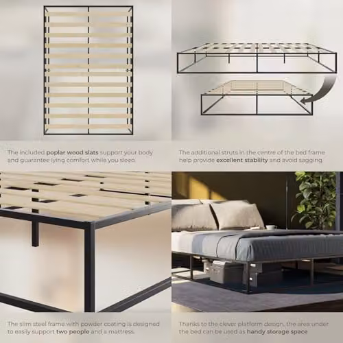 tectake Kyoto Double Bed Frame in Black Metal with Poplar Wood Slats, W/D/H: 140 x 200 x 25.5 cm – 4