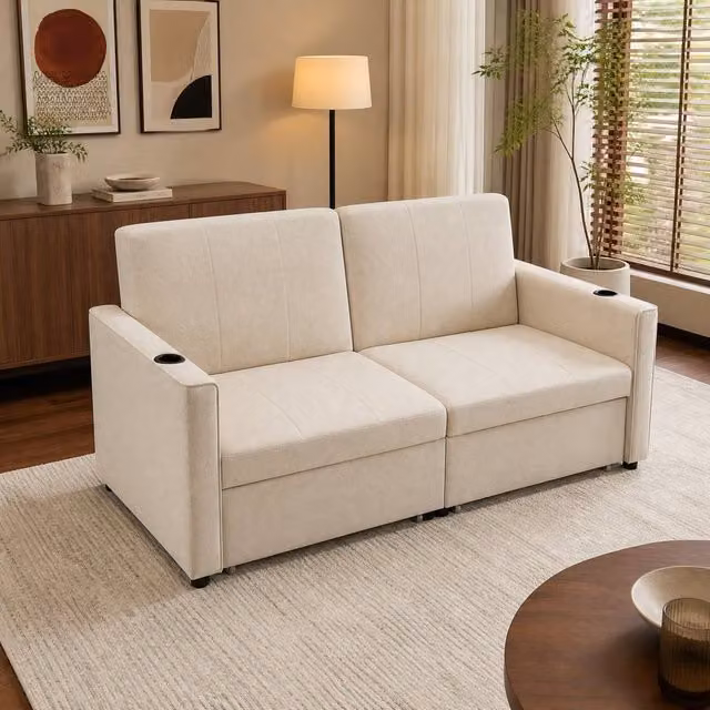 STILVORA King Size Sofa Bed in Beige with Pull-Out Drawer and Fabric Upholstery, W/D/H: 180 x 207 x 96 cm – 1