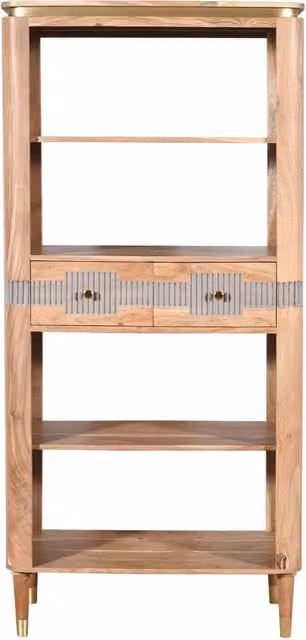 IH Design Alicia Acacia Wood Large Open Bookcase with 2 Drawers, Natural Grey, H 180 x W 85 x D 40 cm