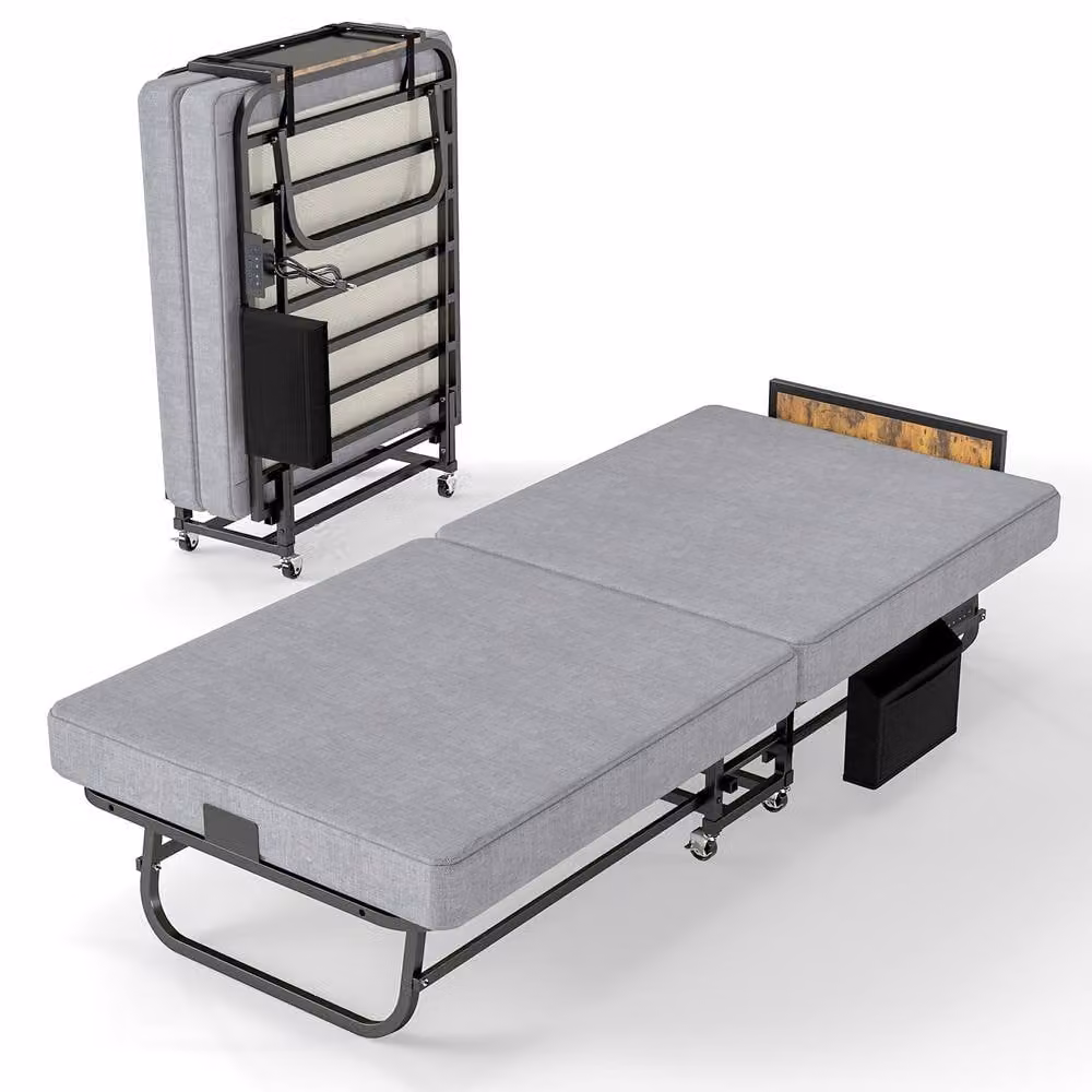 Rolipo Small Single Folding Guest Bed with Headboard, USB Charging Port and 6cm Memory Foam Mattress in Grey, W: 80 cm, L: 190 cm – 8