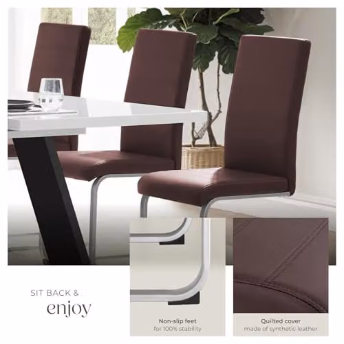tectake Set of 8 Bettina Dining Chairs in Brown with Synthetic Leather and Metal Cantilever Base – 5