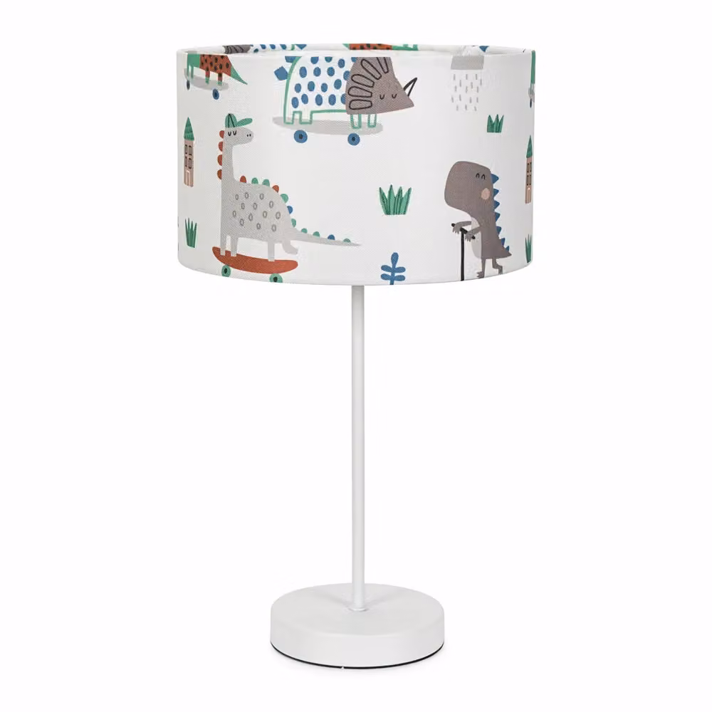ValueLights White Metal Single Stem Table Lamp with Multicolour Cartoon Dino Fabric Drum Shade – 2