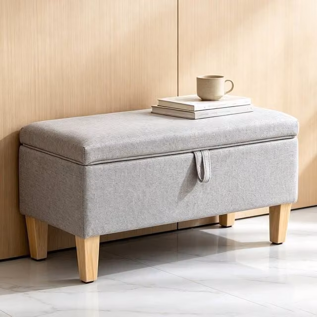 ERGOVEXA Chic 30L Linen-Style Storage Ottoman with Padded Seat in Light Grey – 1