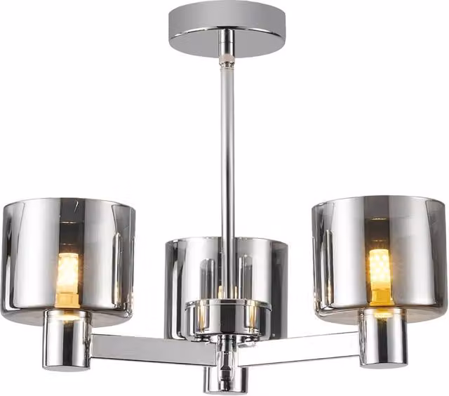 Harper Living 3 Light Semi Flush Ceiling Lamp with Smoked Grey Glass Shades and Chrome Finish