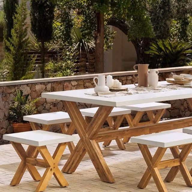 Wyld and Coco White Fibre Cement Stool with Acacia Wood Base