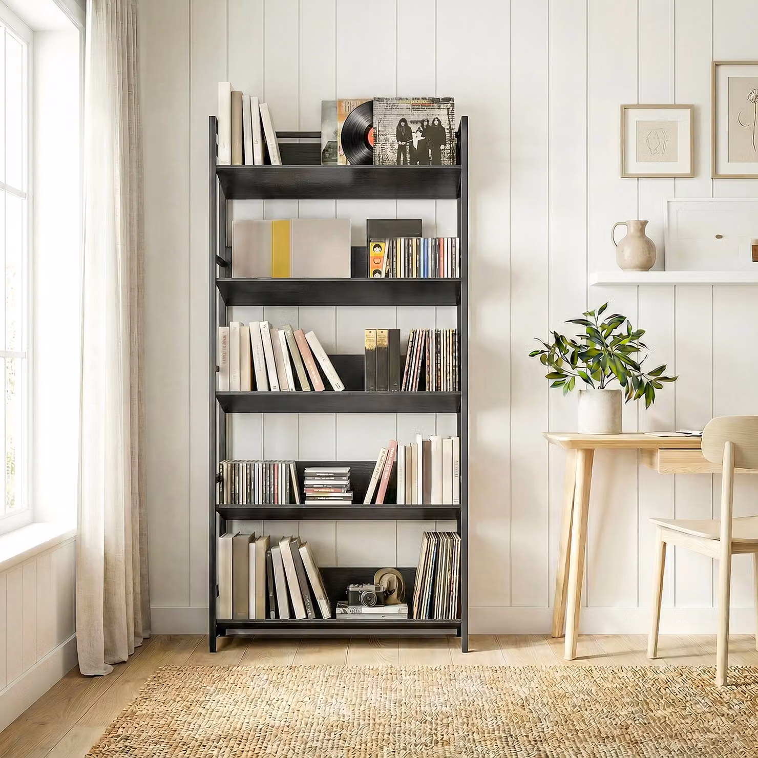 HOMCOM 5-Tier Industrial Metal Frame Bookshelf and Room Divider in Black – 8