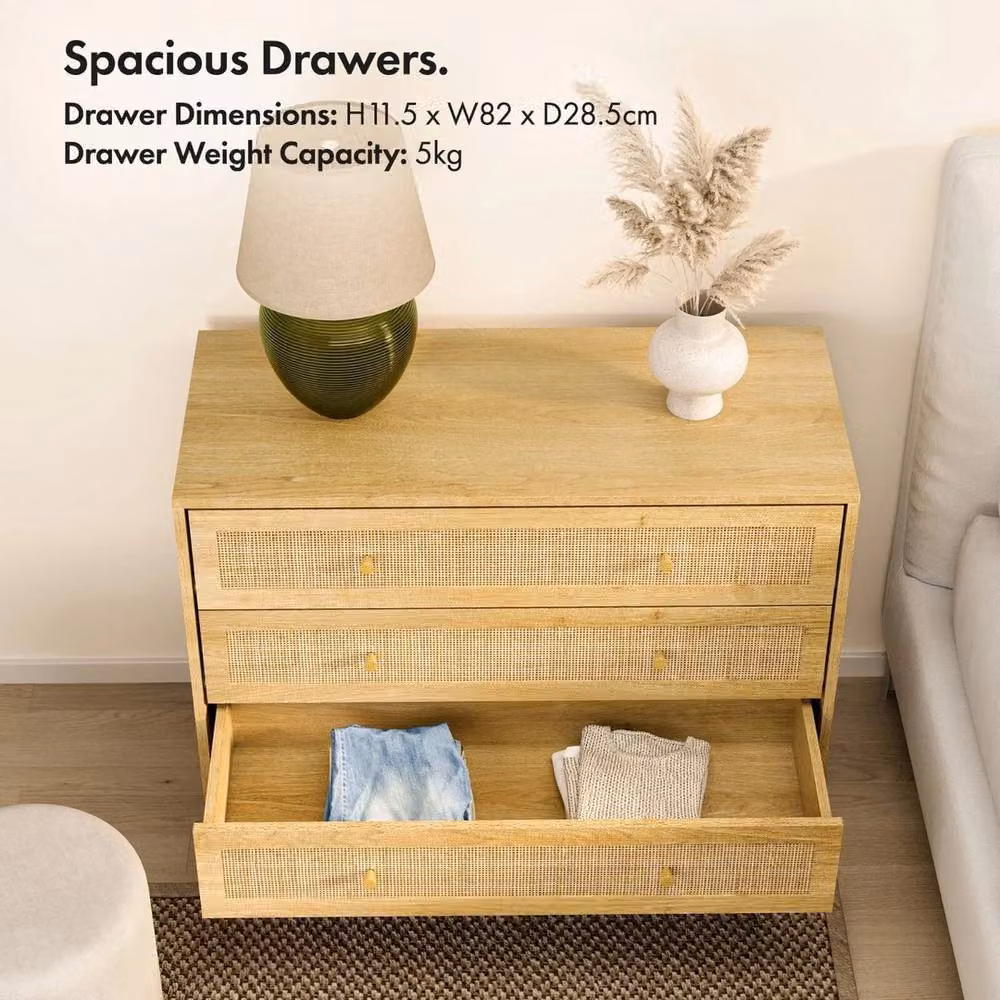Havendro 3 Drawer Chest of Drawers in Natural Rattan and Beige Rubberwood with Gold Metal Accents, W/D/H: 73 x 40 x 90 cm – 2