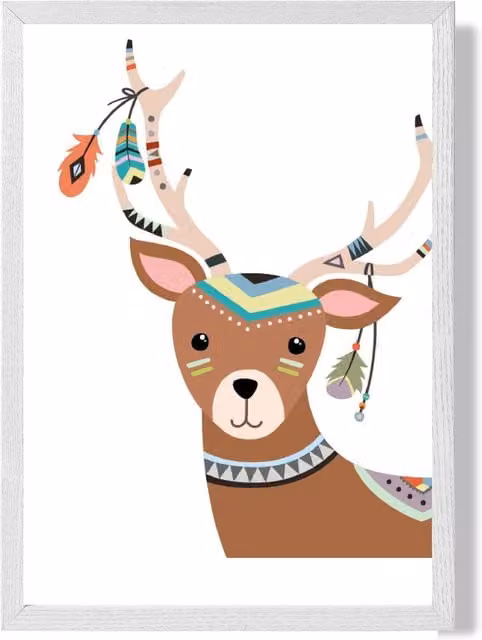 ARTZE Peeking Deer Tribal Animal Framed Print, Multicolour, A2 Size, White and Brown Frame