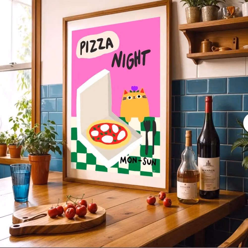 The Paper Tail Pizza Night Funny Cat Art Print, Multicolour Illustration – 2