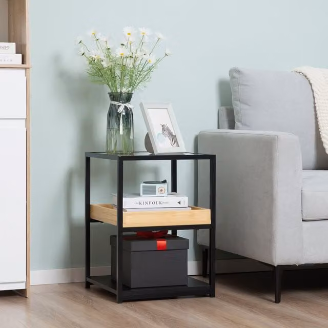 HOMCOM Modern 3-Tier Side Table with Glass Shelf in Natural Wood and Metal Finish