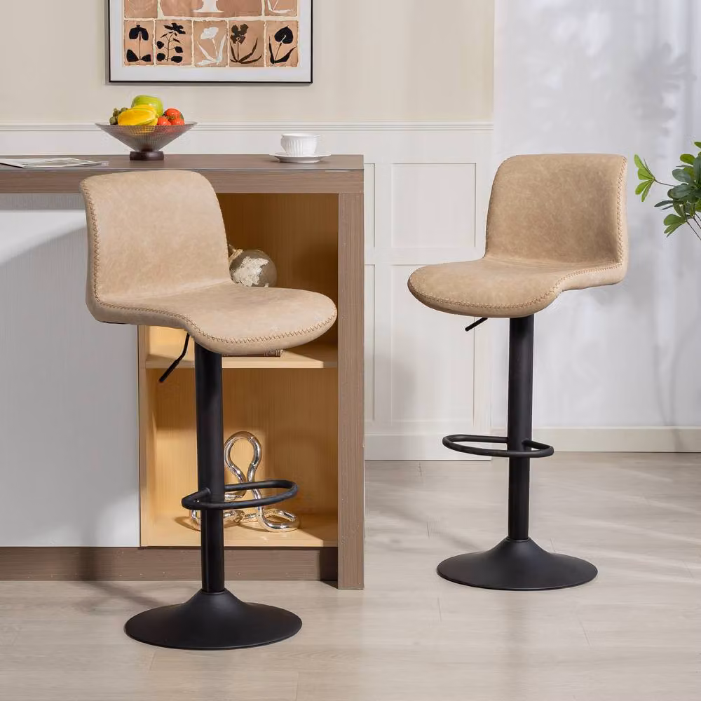 STILVORA Set of 2 Adjustable Height Bar Stools in Brown Synthetic Leather and Metal – 2