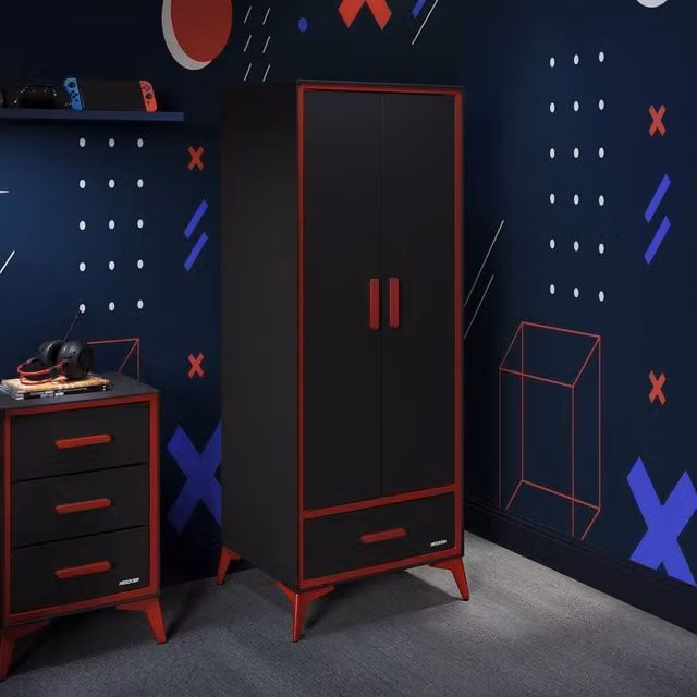 X Rocker Arcane Canvas 2 Door Wardrobe with Drawer in Black and Red