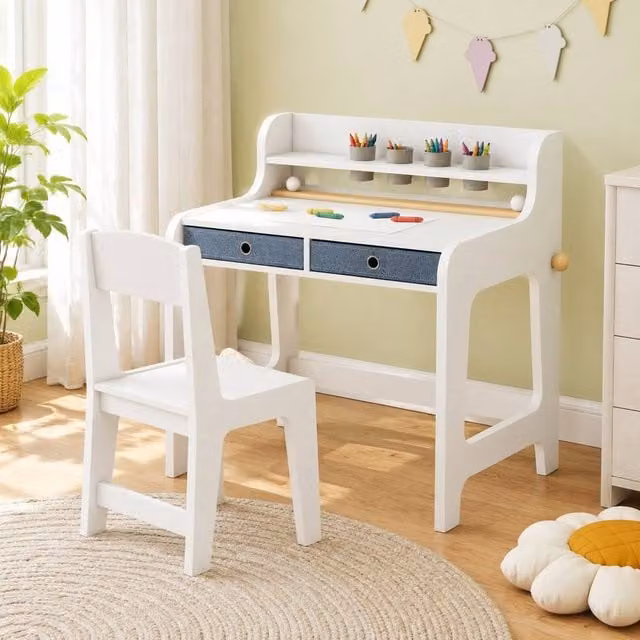 STILVORA Childrens Desk, Chair and Shelf Set in White MDF – 1