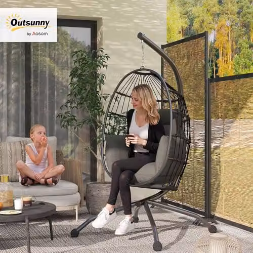 Outsunny Hanging Egg Chair with Folding Basket and Thickened Cushion in Dark Grey – 2