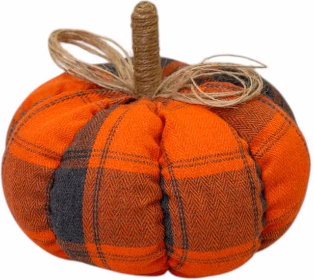 Four Candle Orange Checked Tartan Fabric Pumpkin Autumn Tabletop Decoration, Height: 15 cm