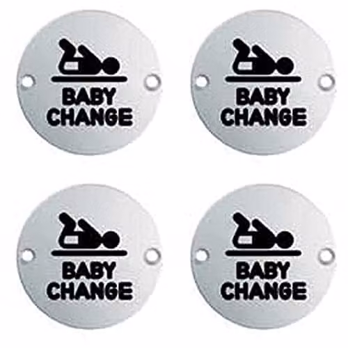 Loops 4 Pack Baby Change Bathroom Door Signs in Brushed Silver Stainless Steel, 76mm Diameter, 64mm Fixing Centres
