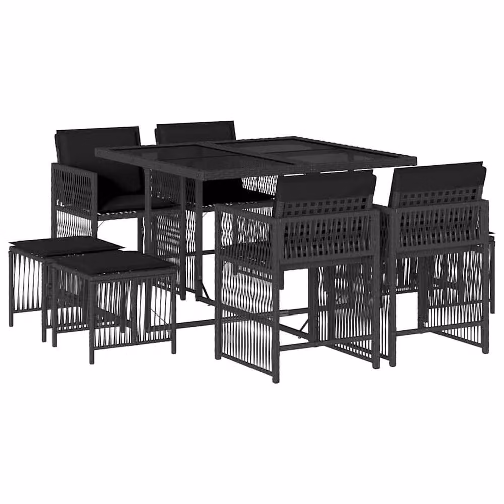 Berkfield Home 9 Piece Black Poly Rattan Garden Dining Set with Cushions – 2