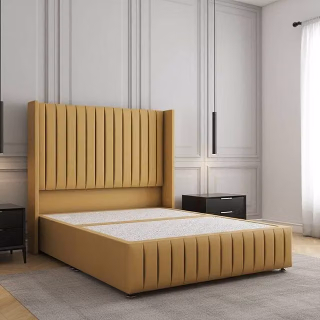 REGIONAL FURNISHINGS Luxury Velvet Upholstered Divan Bed with 54 inch Headboard and Footboard in Mustard Yellow, Super King, W/D/H: 200 x 200 cm