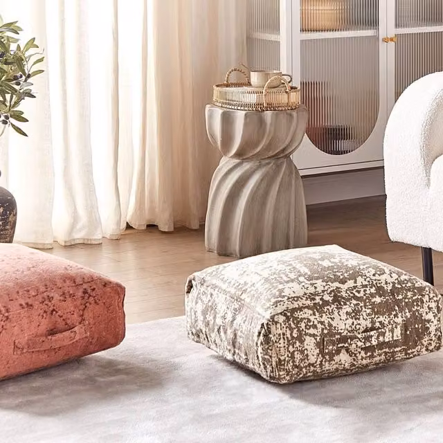Wyld and Coco Beige and Brown Abstract Cotton Floor Cushion, W/D/H: 50 x 50 x 50 cm