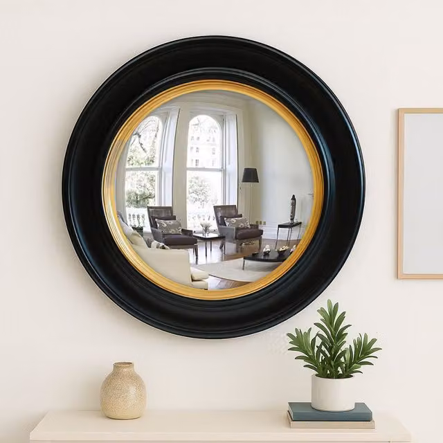 BESTYDECOR Agenzia 14 Large Round Maritime Convex Wall Mirror in Black and Gold, Diameter: 66 cm – 1