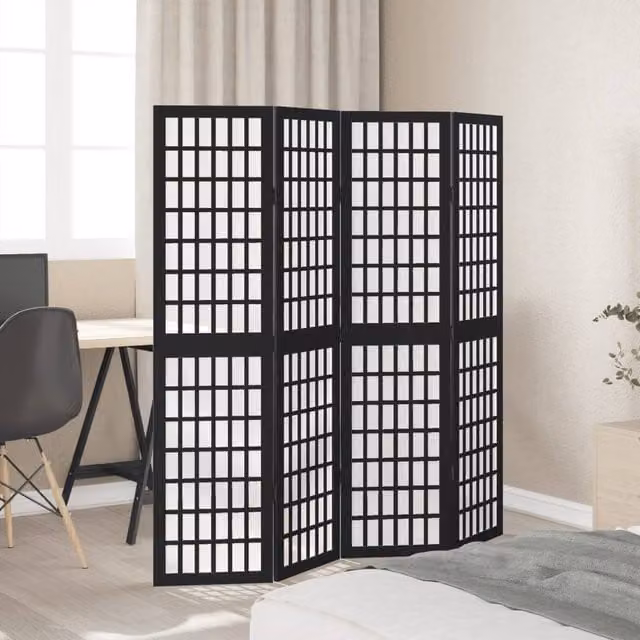 Berkfield Home 4-Panel Room Divider in Black Solid Paulownia Wood, H 160 cm x W 140 cm – 1
