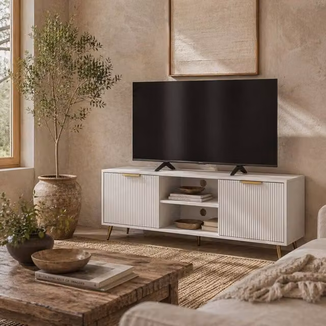 Wyld Haus Lamo White Wooden TV Stand with Etched Doors, Width: 120 cm