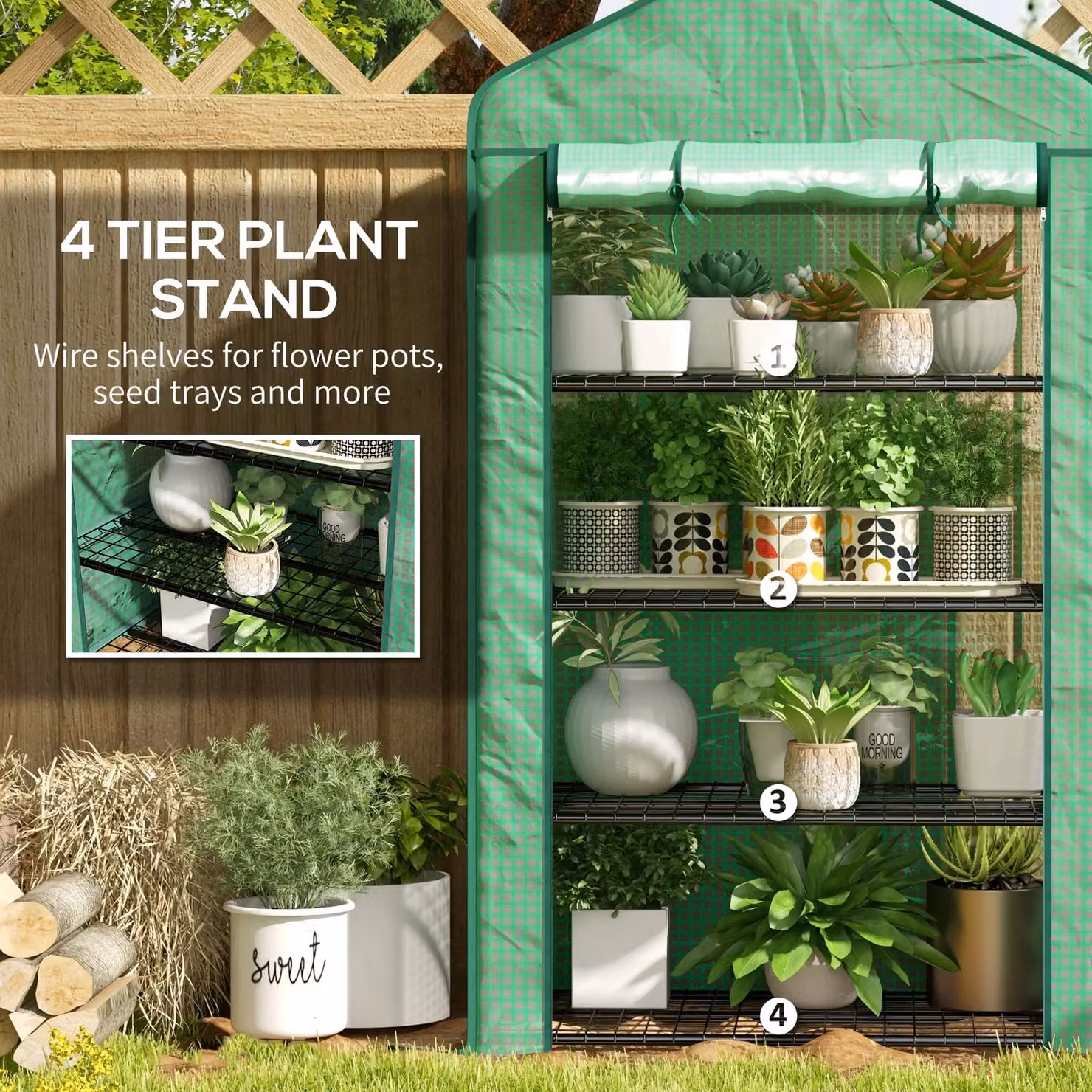 OUTSUNNY Portable Mini Greenhouse with Shelves, Green, W/D/H: 90 x 49 x 160 cm – 4