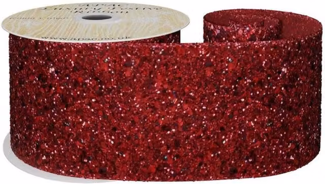 KDMD Burgundy Glitter Wired Ribbon, Red, Width: 6.3 cm, Length: 10 y