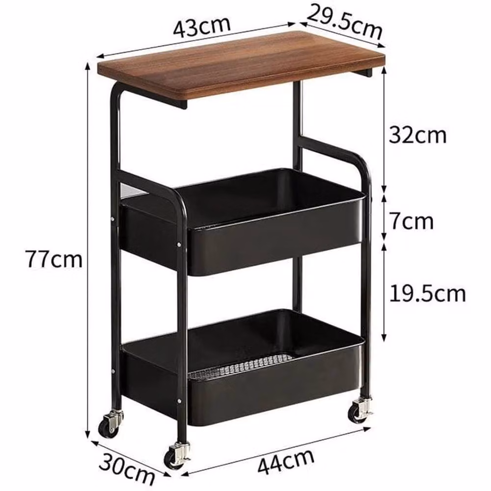 VOGREX 3-Tier Rolling Utility Cart with Wood Tabletop in Multicolour – 2