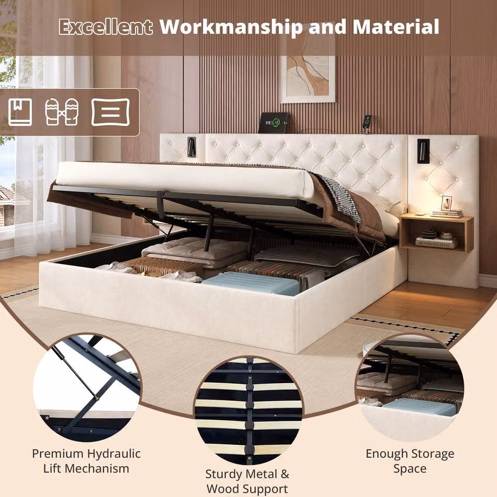 Merax King Size Upholstered Ottoman Storage Bed in Beige with LED Lighting, Bedside Shelves and USB Charging Ports, 180 x 200 cm – 3