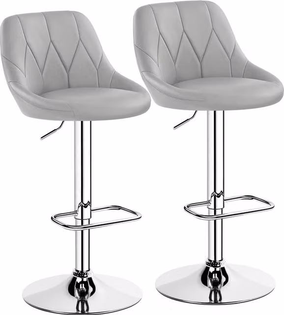 Yaheetech Set of 2 Modern Faux Leather Bar Stools in Grey with Adjustable Height and 360 Degree Swivel