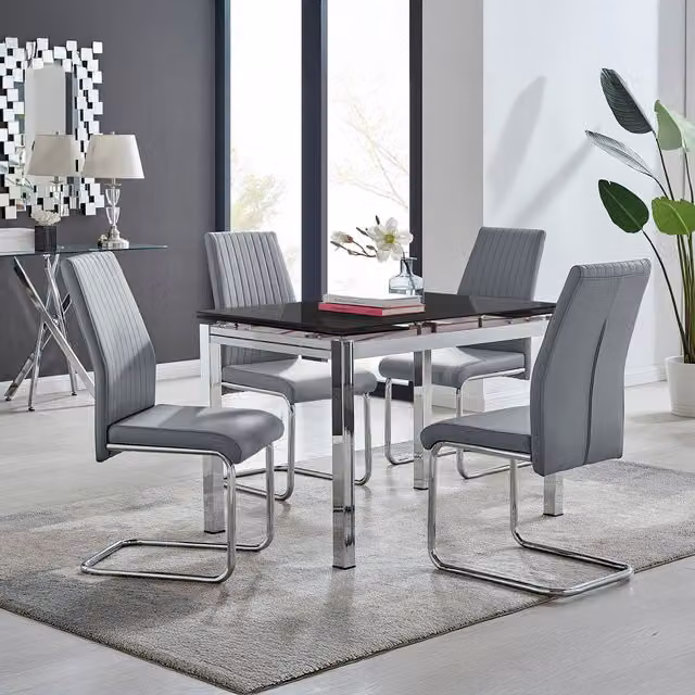 Furniturebox Enna Black Glass Extending Dining Table and 4 Lorenzo Grey Chairs