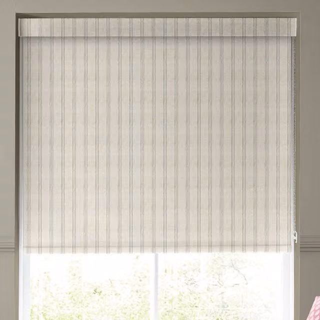 Emily Bond George Striped Blackout Roller Blind in Black and Beige Linen Style Polyester