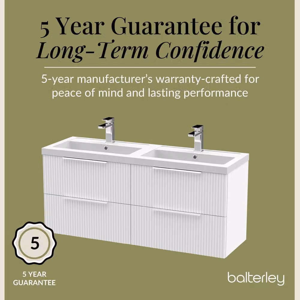 Balterley Fluted Wall Hung 4 Drawer Vanity Basin Unit and Basin, Satin White, Width: 120 cm – 2