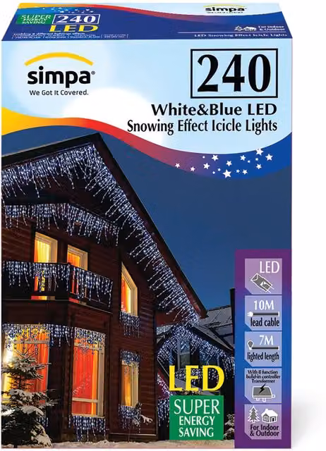 Simpa 240 LED Multi-Action Icicle Lights in Blue and White, 6m Indoor/Outdoor