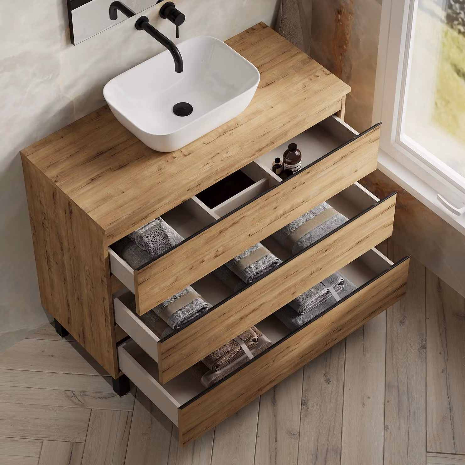 Banyetti Vatilla Floorstanding Vanity with Matching Worktop in Ostippo Oak Light Oak, W: 100 cm, H: 45 cm, D: 45 cm – 3