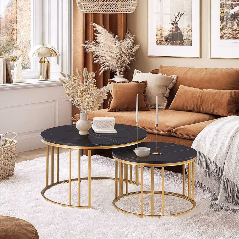 KORVIXA Black Round Nesting Coffee Table Set of 2 with Marble Tops, Diameter: 100 cm – 3